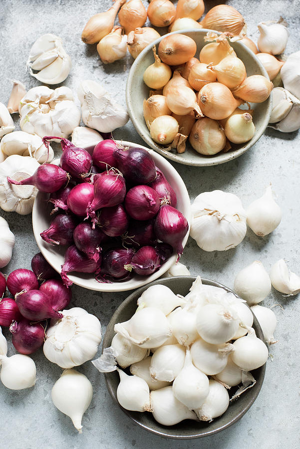 Still Life Digital Art - Overhead View Of Garlic Bulbs And Onions In Bowls by Magdalena Niemczyk - Elanart
