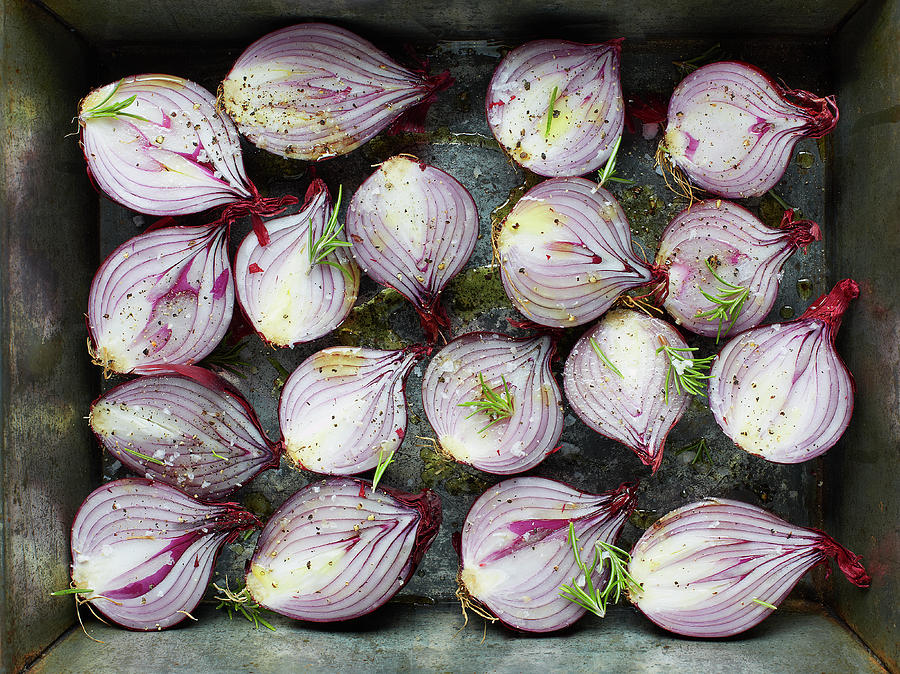 Still Life Digital Art - Overhead View Of Red Onion Halves With Rosemary And Olive Oil In Roasting Tin by Tim Macpherson