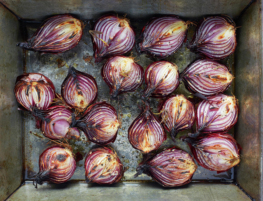 Still Life Digital Art - Overhead View Of Roasted Red Onion Halves With Rosemary And Olive Oil In Roasting Tin by Tim Macpherson