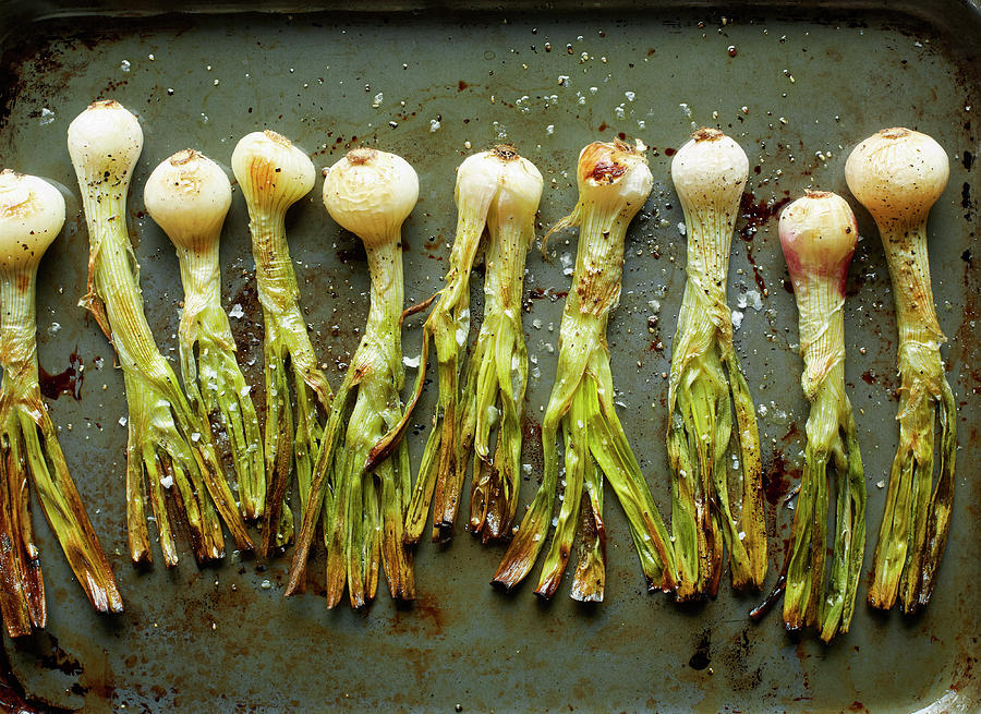 Still Life Digital Art - Overhead View Of Roasted Whole Spring Onions In Roasting Tin by Tim Macpherson