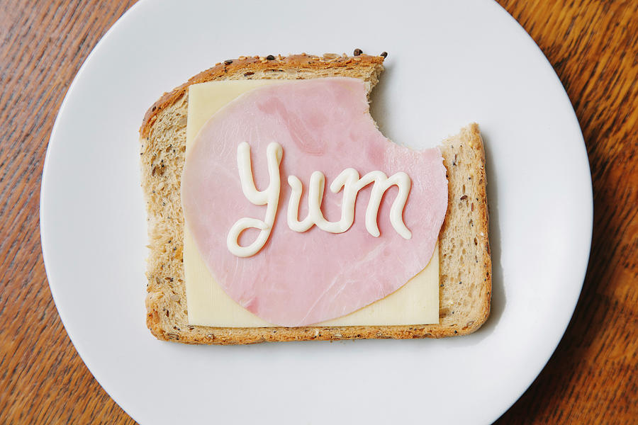 Still Life Digital Art - Overhead View Of The Word Yum Written On Ham And Cheese   On Bread In Mayonnaise by Kevin C Moore