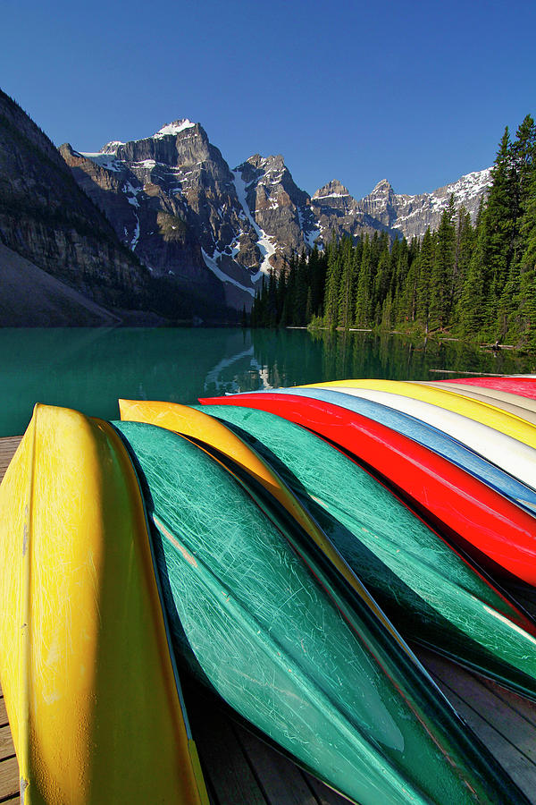 Nature Digital Art - Overturned Canoes, Moraine Lake, Valley Of The Ten Peaks, Banff National Park, Rocky Mountains, Alberta, Canada by Staadtstudios