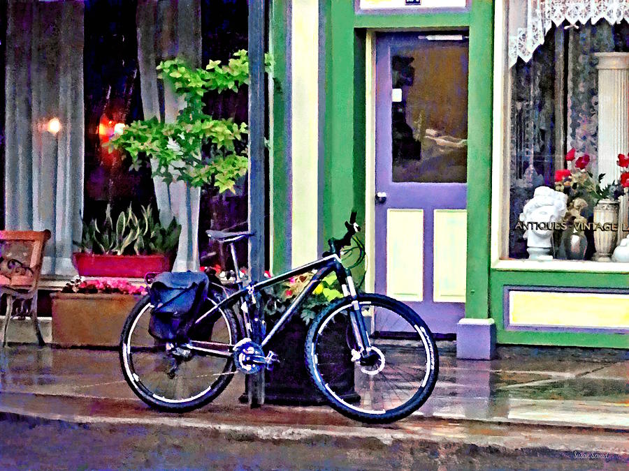 Owego NY - Bicycle Parked on Rainy Street Photograph by Susan Savad