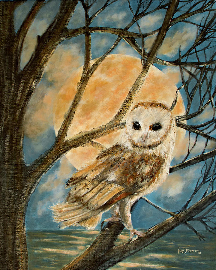 Owl Full Moon Painting Painting by Ken Figurski