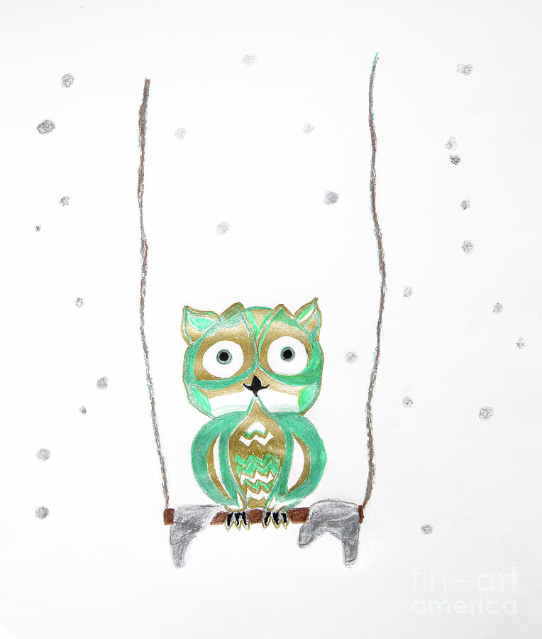 Nature Drawing - Owl Fun #1 #mint #green #gold #drawing #decor #art  by Anitas and Bellas Art