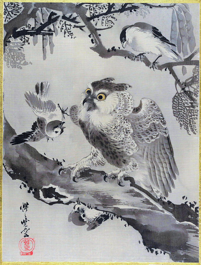 Owl Mocked by Small Birds - Digital Remastered Edition Painting by Kawanabe Kyosai