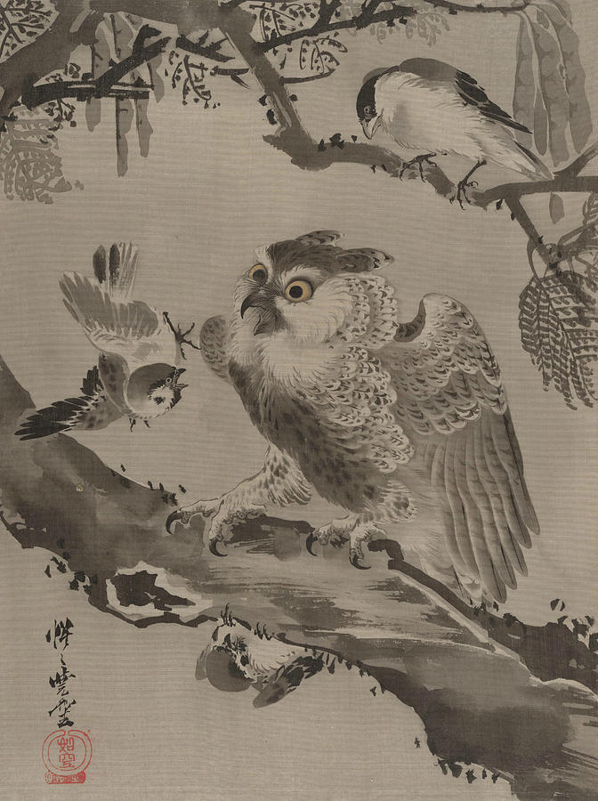 Owl Mocked by Small Birds Painting by Kawanabe Kyosai