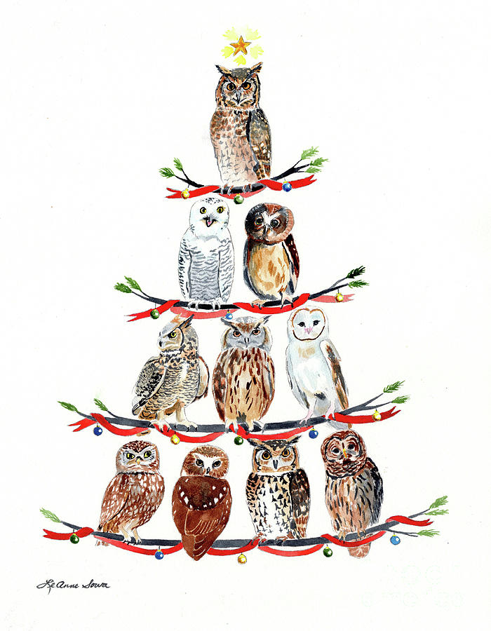Owl Tree, Christmas tree, Holiday, Noel,  Painting by LeAnne Sowa