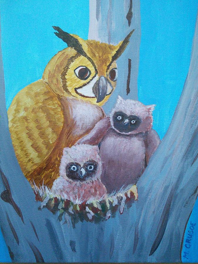Owl Trio Painting by Margaret Crusoe