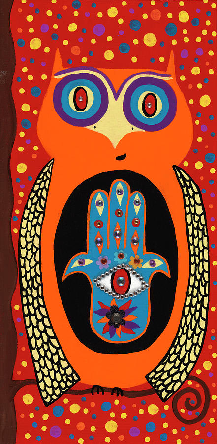 Owl Painting - Owl With Evil Eye Hamsa by Kerri Ambrosino