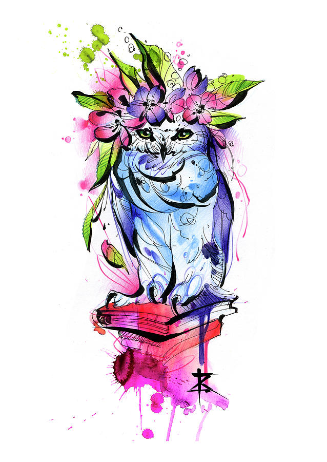Owl Digital Art - Owl With Flowers by Kateryna Zelenska