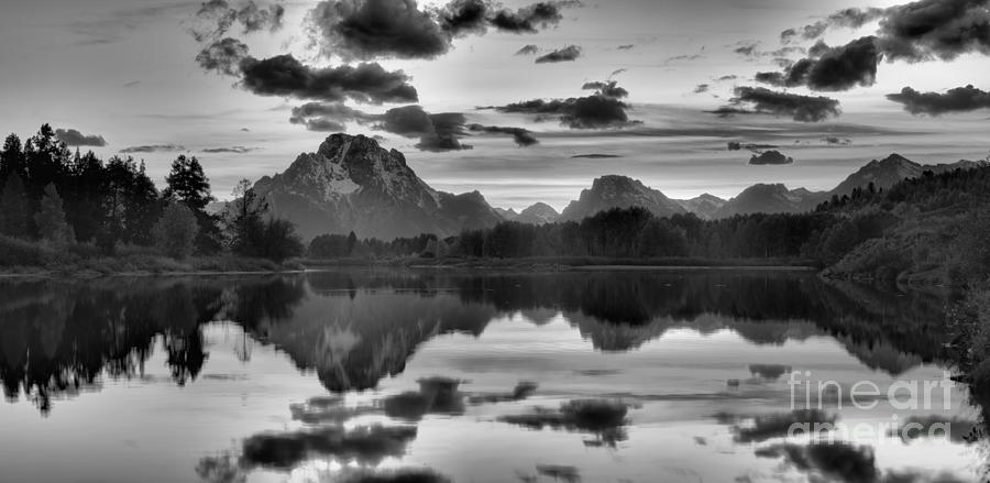 Oxbow Bend Autumn Sunset Panorama Black And White Photograph by Adam Jewell