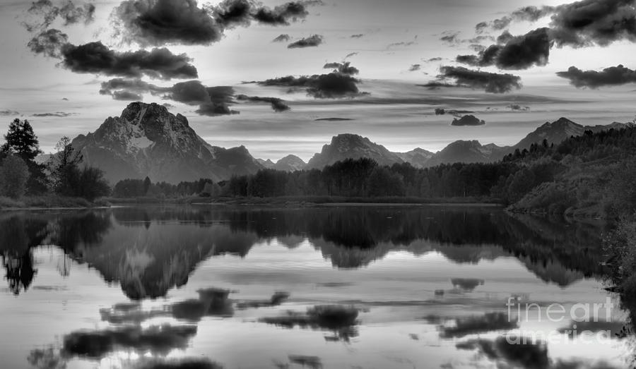 Oxbow Bend Fiery Sunset Panorama Black And White Photograph by Adam Jewell
