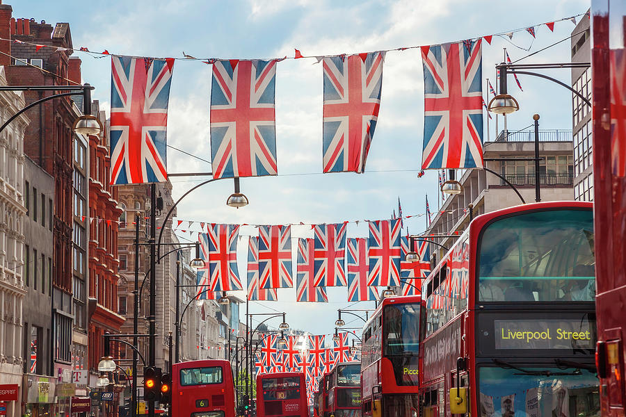 Oxford Street, Union Jack Flags Buses Photograph by Peter Adams
