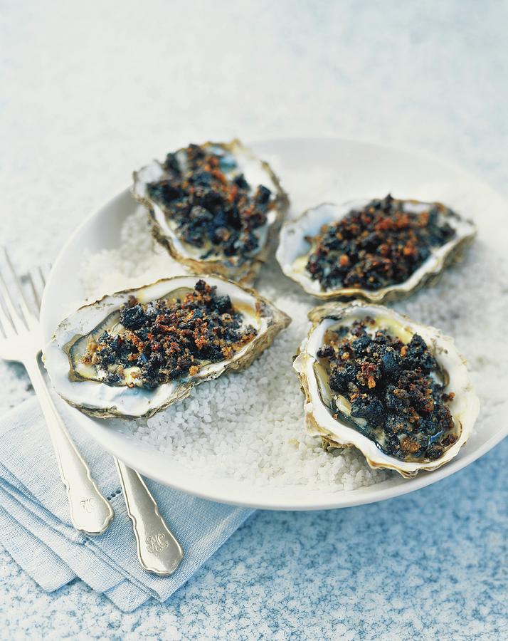 Oysters Kill Bill oven-baked Oysters With Black Pudding Crumble Photograph by Jonathan Gregson