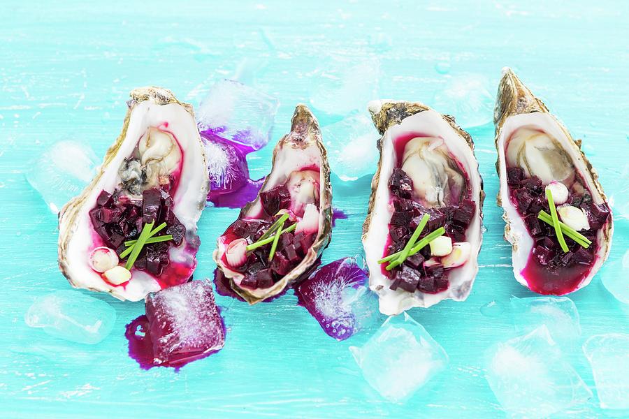 Oysters With Beetroot Salsa Photograph by Aniko Takacs