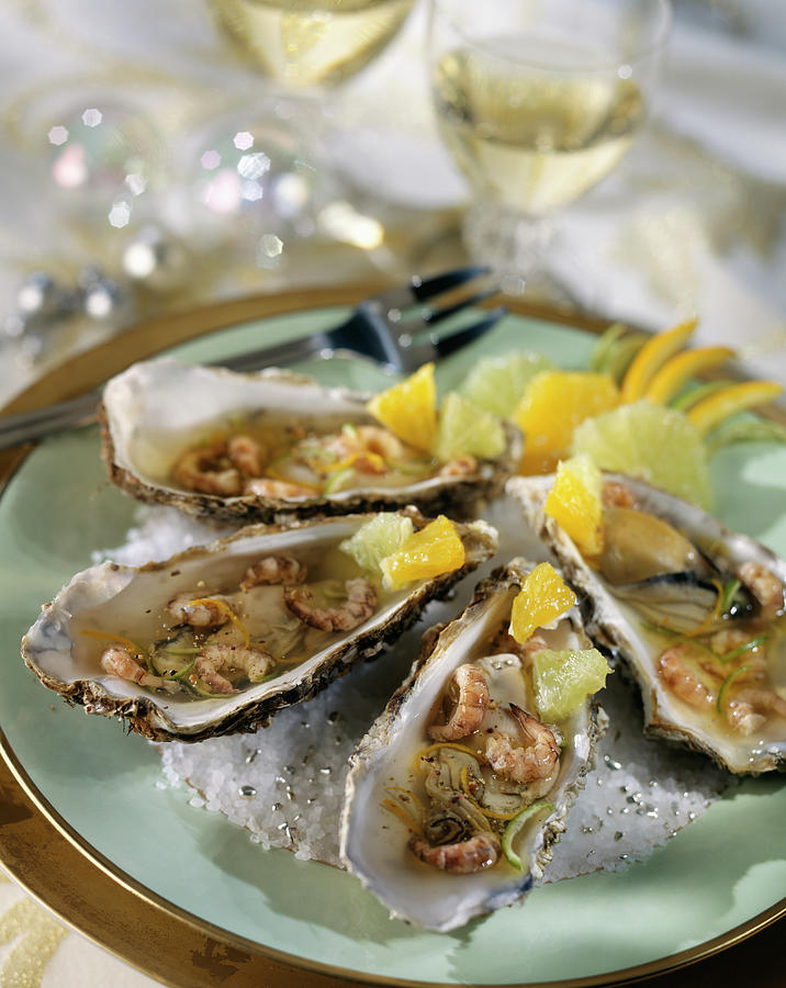 Oysters With Brown Shrimps And Citrus Fruit Photograph by Rivire