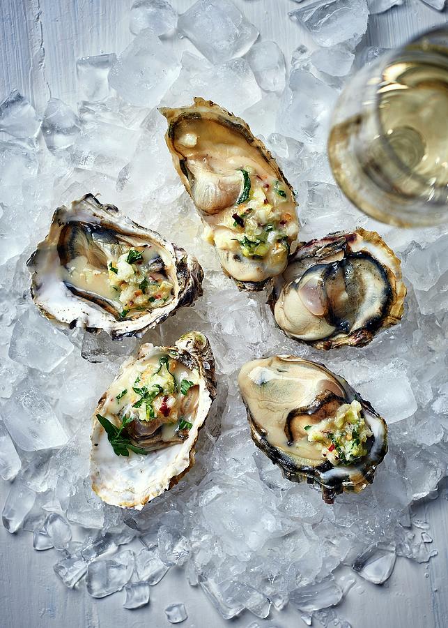 Oysters With Champagne Vinegar, Lemon, Peppermint And Horseradish Photograph by Great Stock!