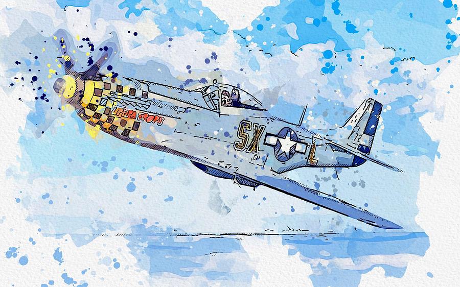 p 51 fighter Mustang watercolor by Ahmet Asar Painting