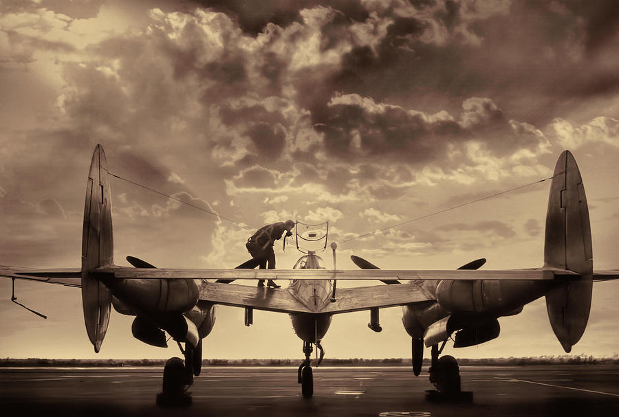 Vintage Photograph - P38 Sunset Mission V2 by Peter Chilelli