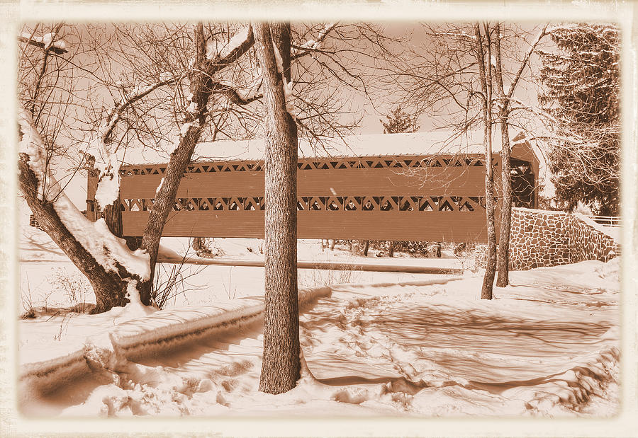Pa Country Roads - Sachs Covered Bridge Over Marsh Creek, Winter, Sepia - Adams County Photograph by Michael Mazaika