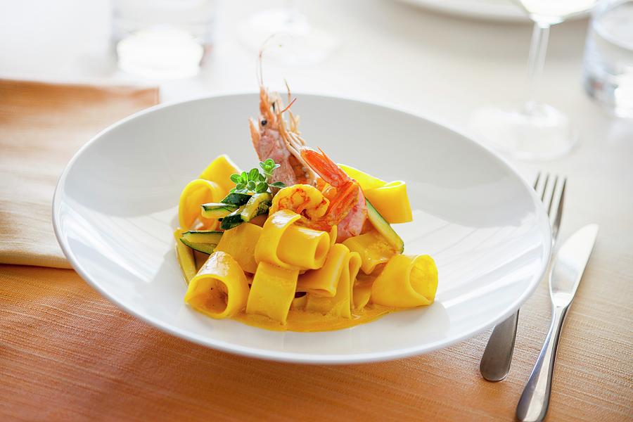 Paccheri With Saffron, Shrimp And Zucchini Photograph by Imagerie
