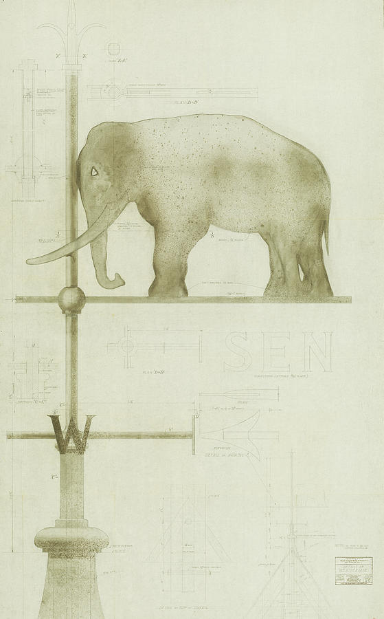 Pachyderm House, Philadelphia Zoo, detail of weather vane Drawing by Paul Philippe Cret