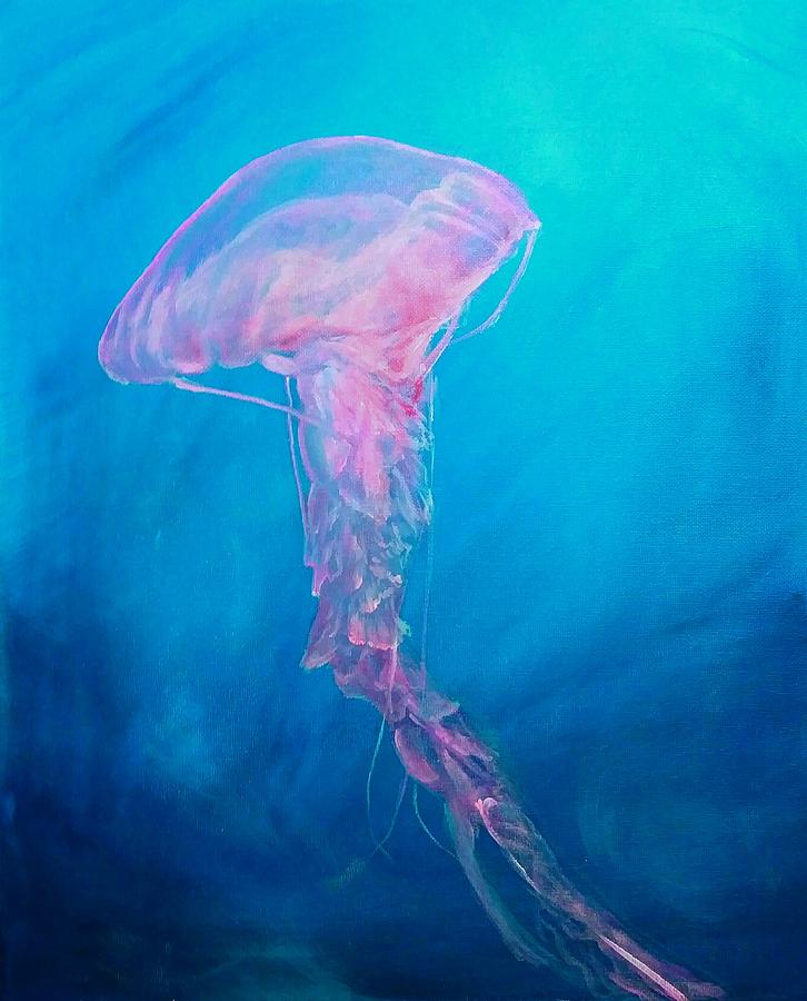 Pacific Jellyfish in ocean Mixed Media by Kara Barker