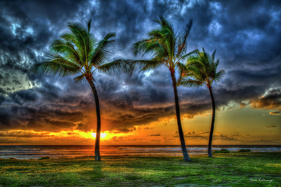 Oahu HI Pacific Ocean Sunset Palm Trees Maili Beach Park Pokai Bay Landscape Art Photograph by Reid Callaway