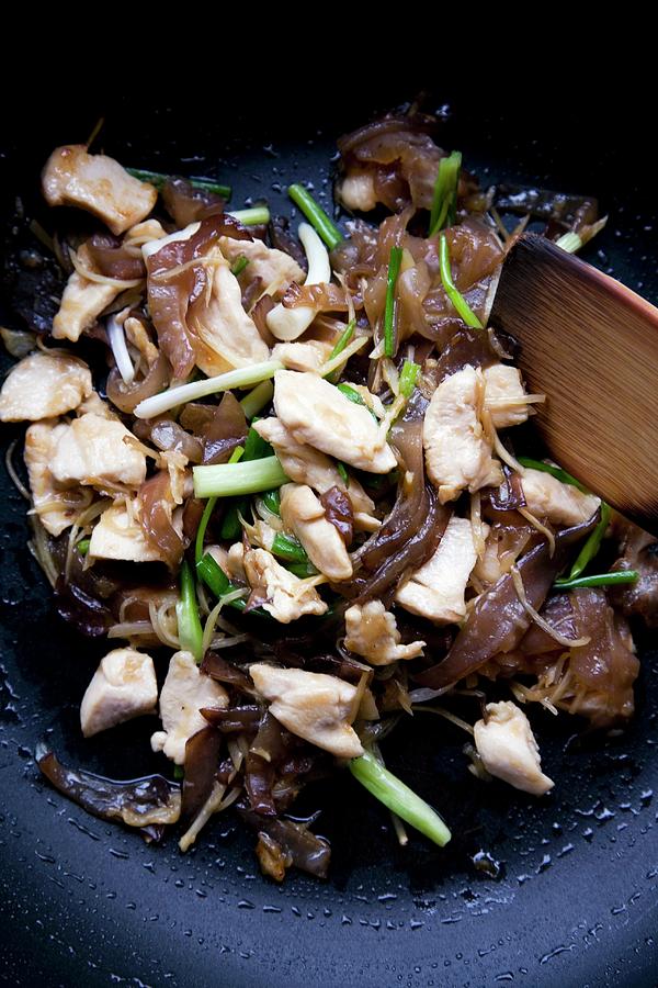 Pad Hed Hu Nuh Gai Sai King mu Err Mushrooms With Chicken And Ginger, Thailand Photograph by Michael Wissing