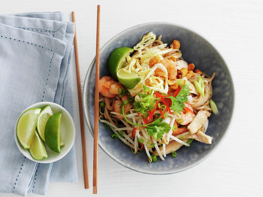 Pad Thai thai Noodle Dish With Chicken And Shrimp Photograph by Gareth Morgans
