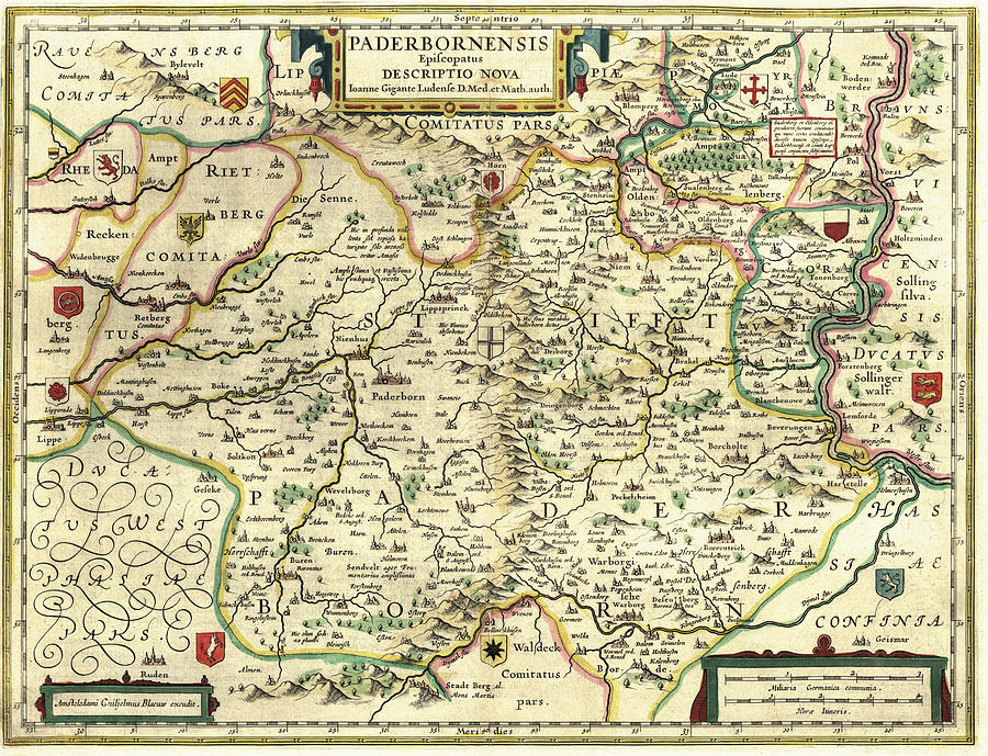 Map Painting - Paderborn, Rhine, Wetphalia Germany by Willem Janszoon Blaeu (Blau)