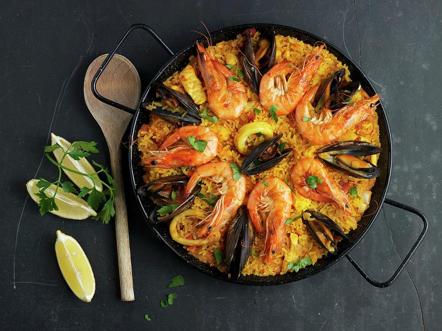 Paella Decorated With Mussels And Prawns Photograph by Kng, Ruth