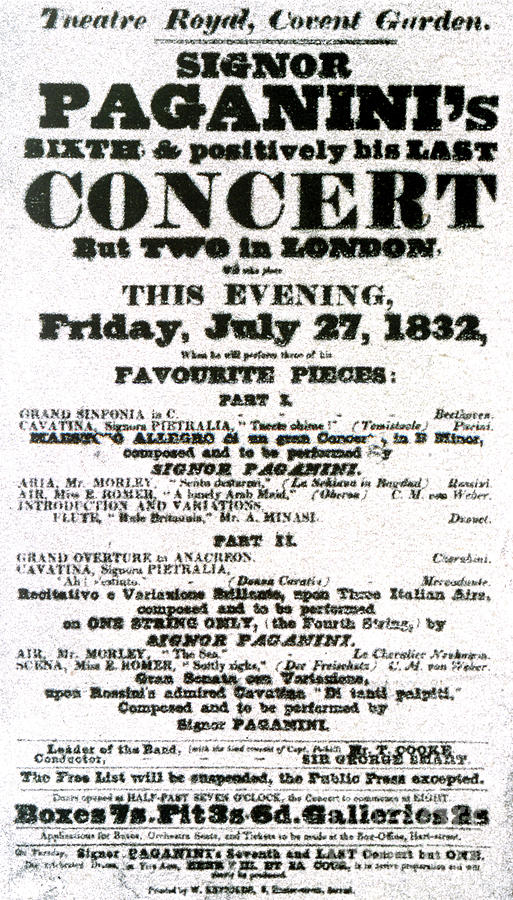 Paganini Poster for London Concert, 27/7/1832 at the Theatre Royal, Covent Garden Drawing by English School