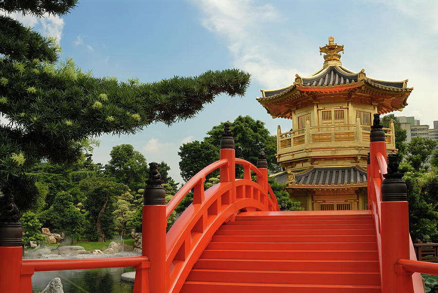 Pagoda And Red Bridge In Chinese Garden Photograph by Ytwong