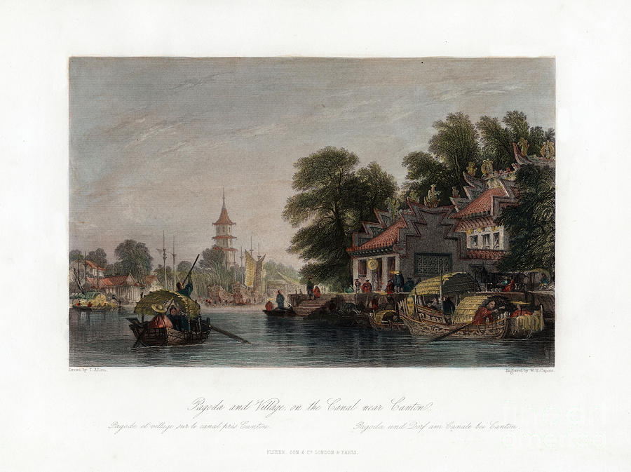 Thomas Allom Drawing - Pagoda And Village, On The Canal by Print Collector