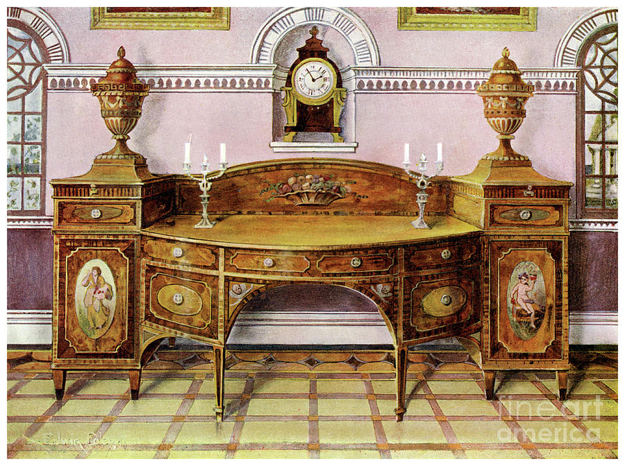 Painted And Inlaid Satinwood Sideboard Drawing by Print Collector Painted And Inlaid Satinwood Sideboard Drawing by Print Collector