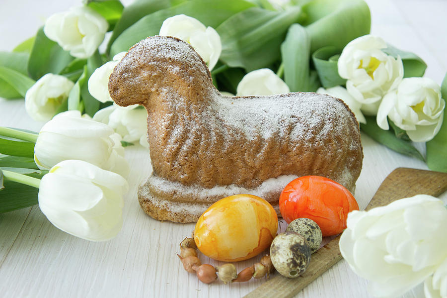 Painted Easter Eggs, White Tulips And Easter Lamb Cake Photograph by Martina Schindler