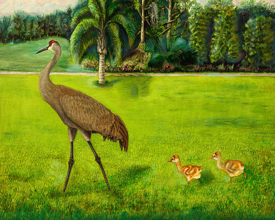 Bird Painting - Painted Sandhill crane with chicks  by Zina Stromberg