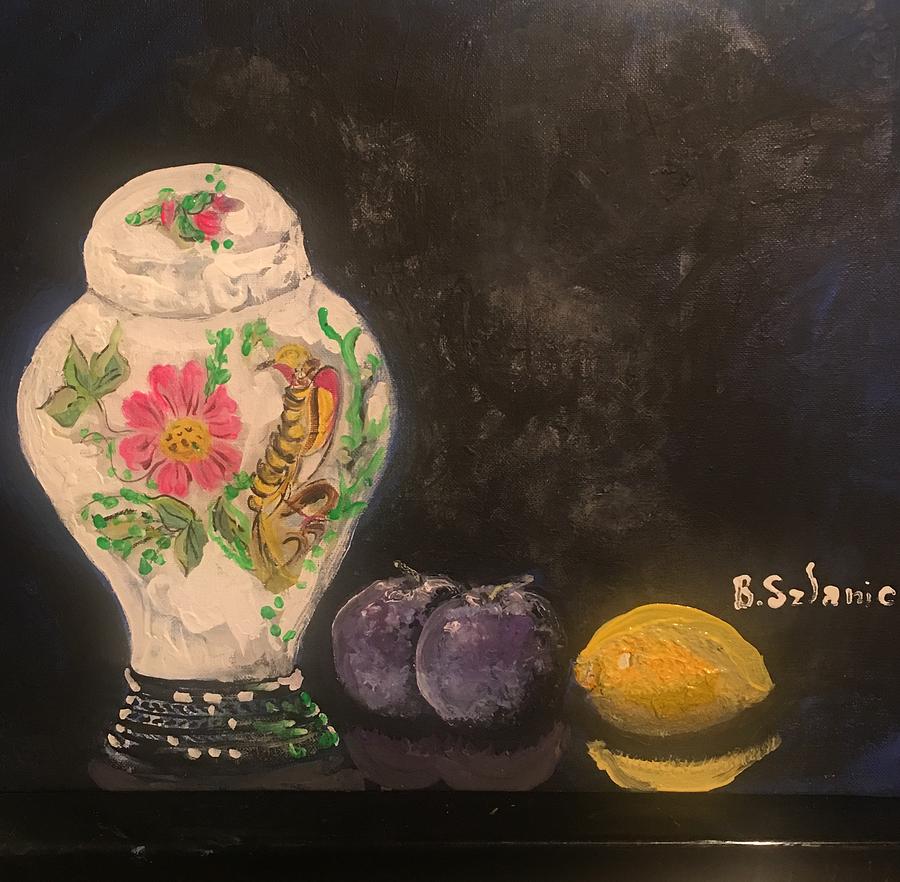 Painted vase n fruit Painting by Barbara Szlanic