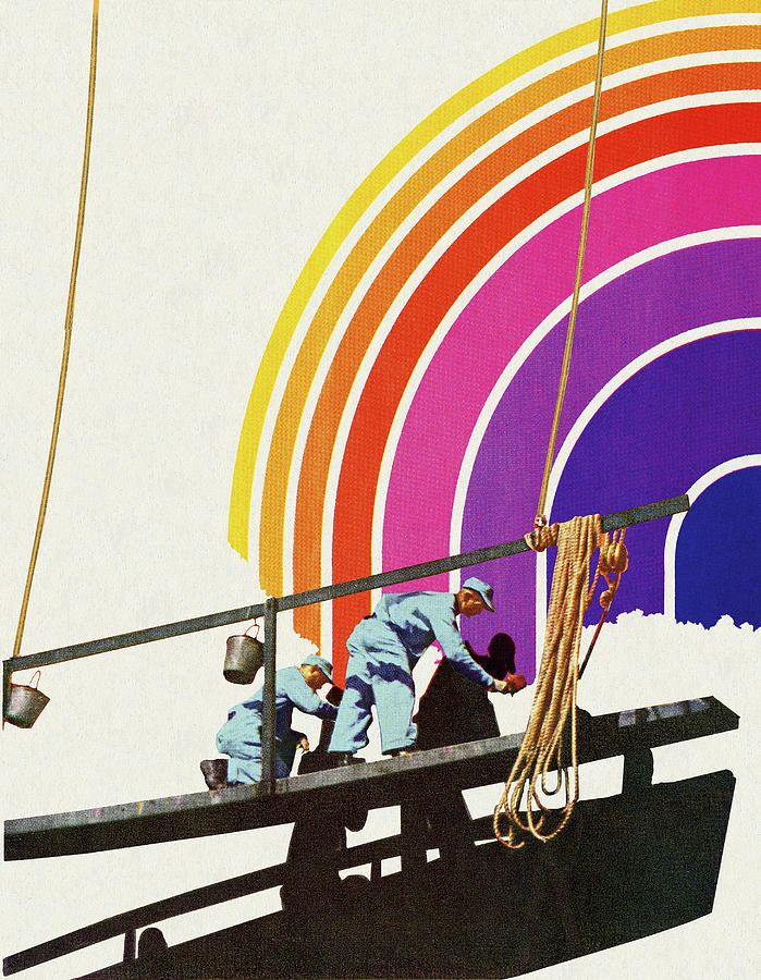 Vintage Drawing - Painters on a Scaffold Painting a Rainbow by CSA Images