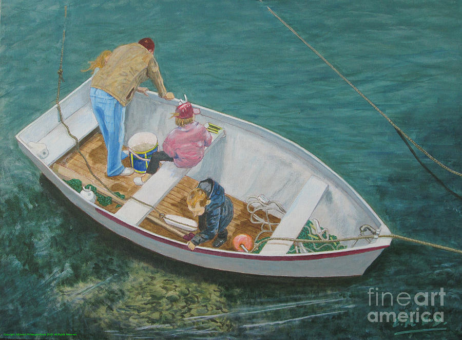 Painting Dad with Three Kids in Boat at Solva Pembrokeshire Wales Painting by Edward McNaught-Davis