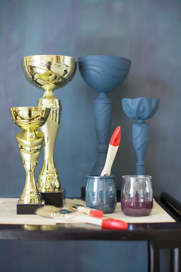Painting Golden Goblets Blue Photograph by Alicja Koll
