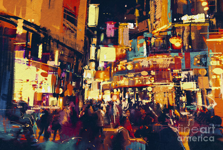 Abstract Digital Art - Painting Of City Life At Nightpeople by Tithi Luadthong