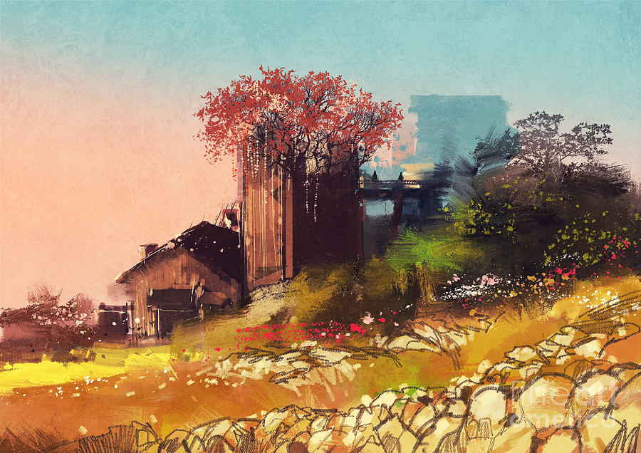 Country Digital Art - Painting Of Farm House On The Country by Tithi Luadthong Country Digital Art - Painting Of Farm House On The Country by Tithi Luadthong