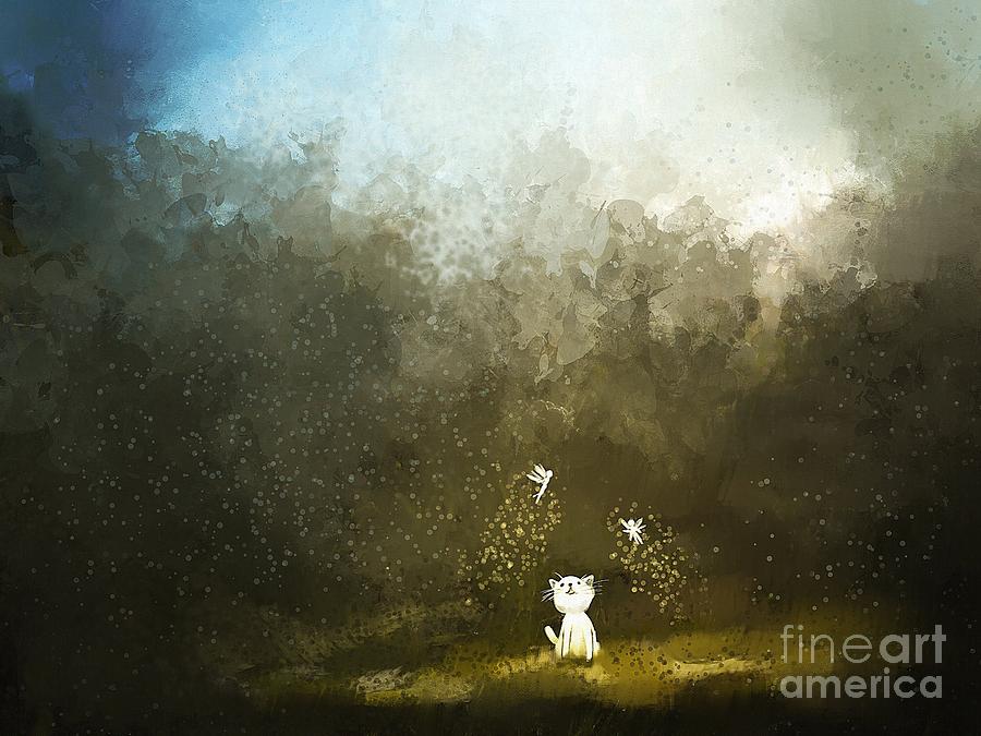 Pets Digital Art - Painting Of Kitten Playing With Fairy by Archv Pets Digital Art - Painting Of Kitten Playing With Fairy by Archv