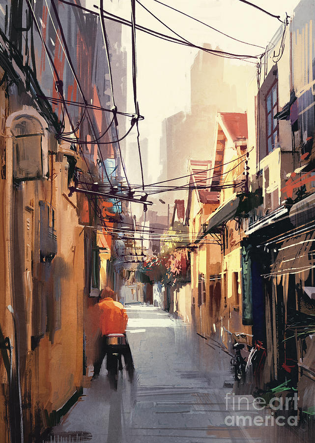 Painting Of Narrow Alleyway In Old Digital Art By Tithi Luadthong