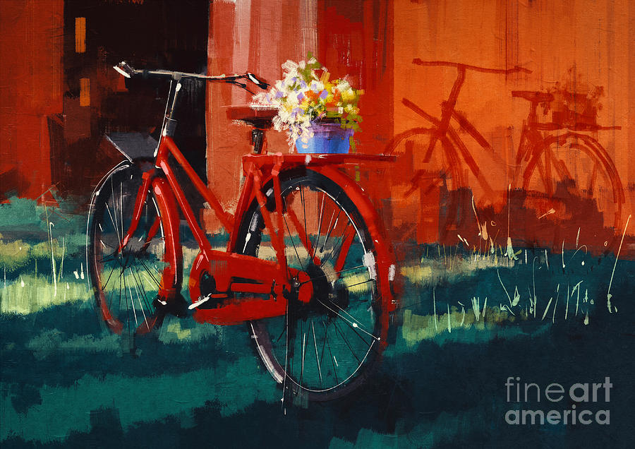 Summer Digital Art - Painting Of Vintage Bicycle With Bucket by Tithi Luadthong