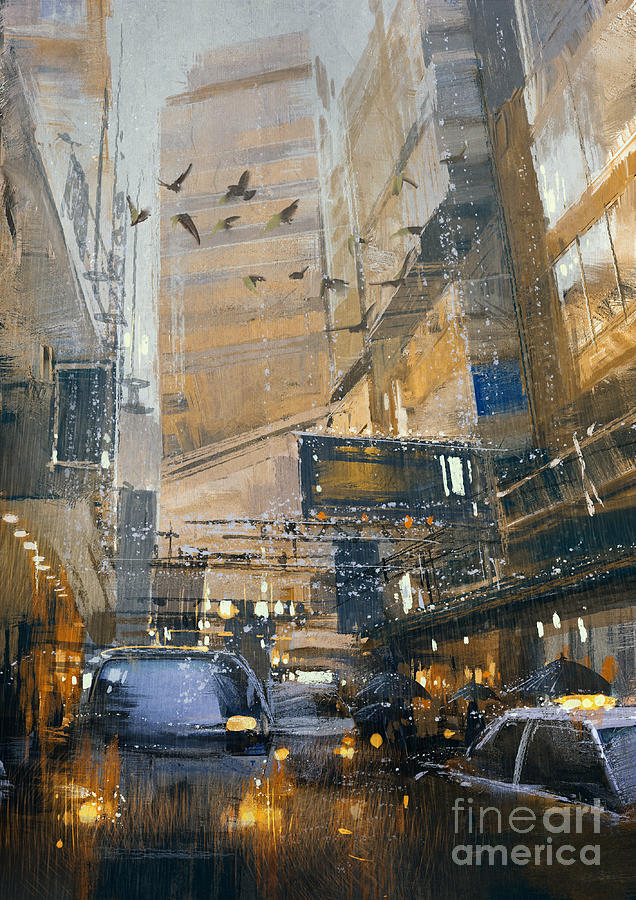 Drop Digital Art - Painting Showing Rainy Day In City by Tithi Luadthong Drop Digital Art - Painting Showing Rainy Day In City by Tithi Luadthong