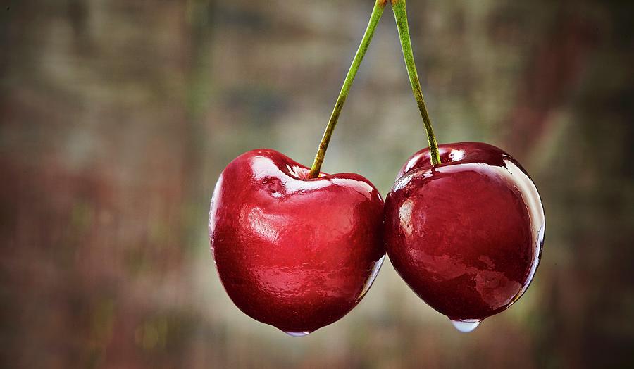 Pair Of Cherries With Drops Of Water Photograph by Tim Atkins Photography
